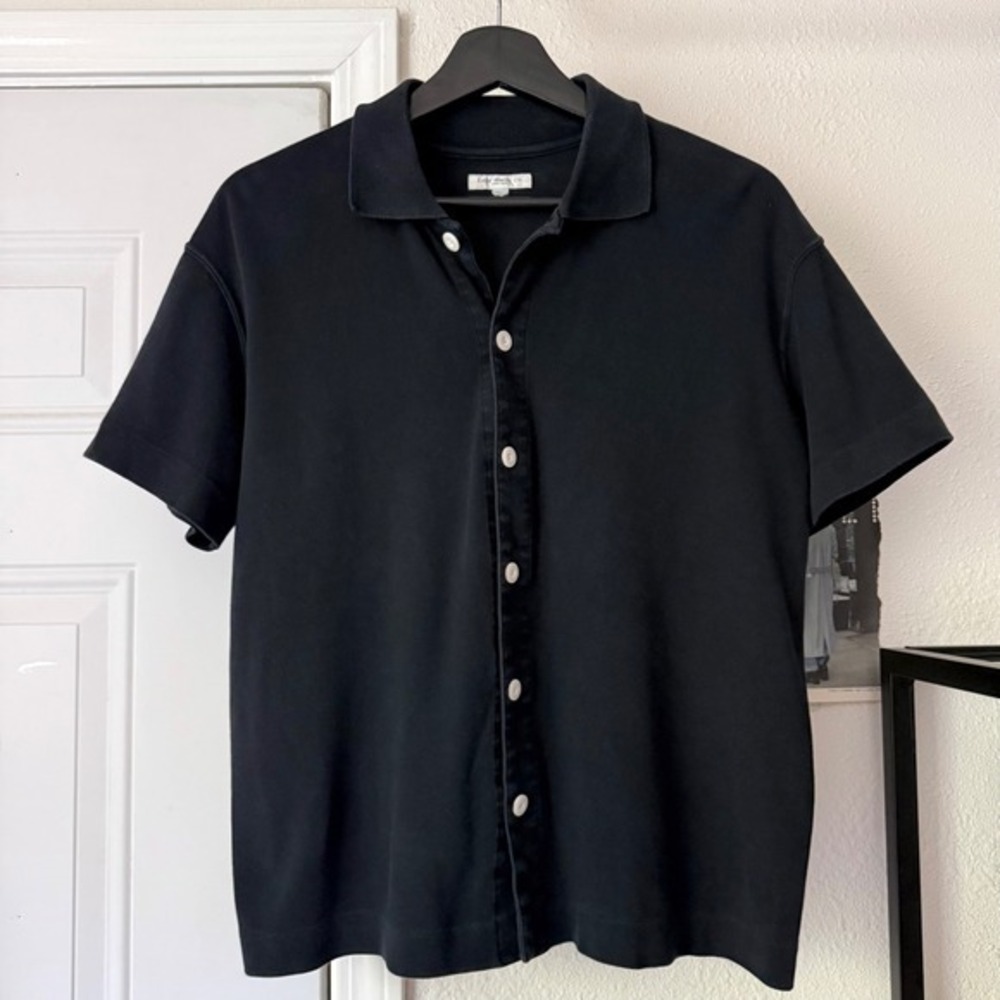 LADY WHITE CO. black short sleeve cotton button up cropped boxy shirt